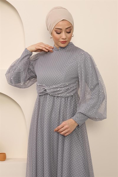 İnci Detaylı Tül Abiye Gri 12238