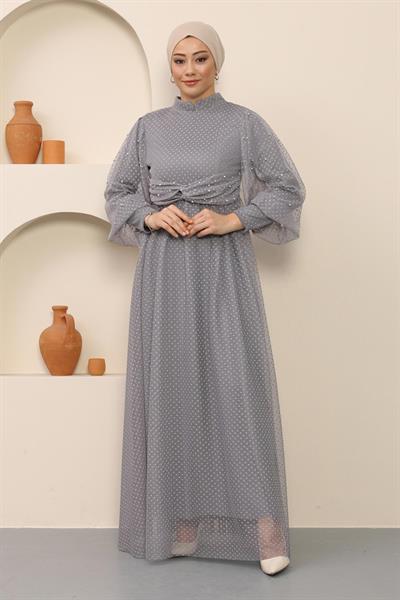 İnci Detaylı Tül Abiye Gri MSW12238-5