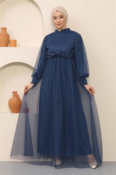 İnci Detaylı Tül Abiye İndigo 12238