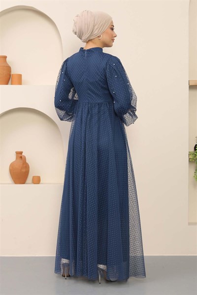 İnci Detaylı Tül Abiye İndigo 12238