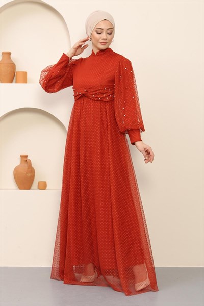 İnci Detaylı Tül Abiye Kiremit 12238