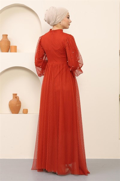 İnci Detaylı Tül Abiye Kiremit 12238