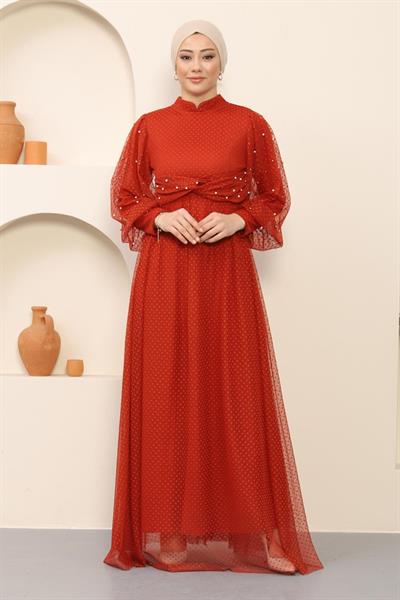 İnci Detaylı Tül Abiye Kiremit MSW12238-4