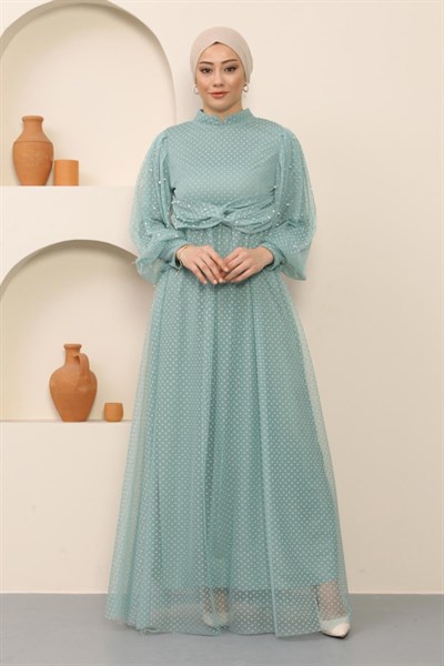 İnci Detaylı Tül Abiye Mint 12238