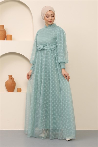 İnci Detaylı Tül Abiye Mint 12238