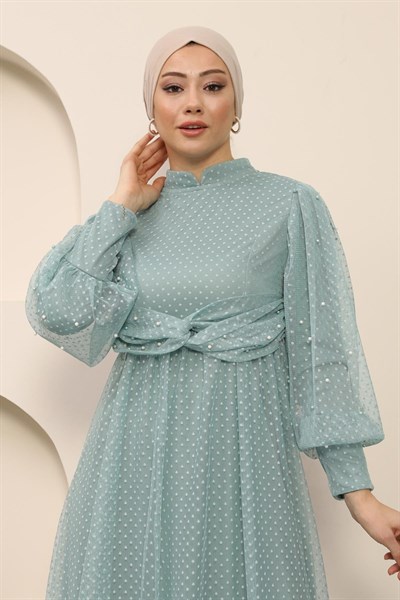 İnci Detaylı Tül Abiye Mint 12238