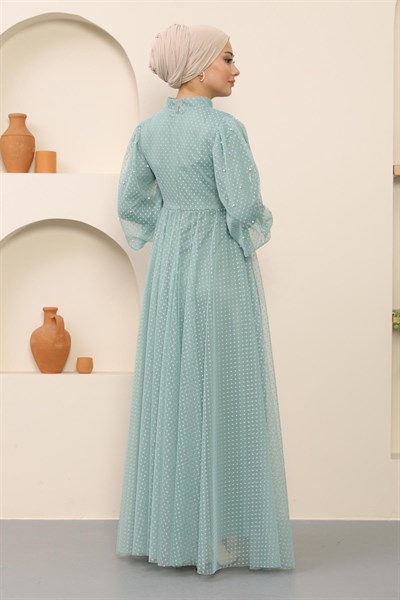 İnci Detaylı Tül Abiye Mint 12238