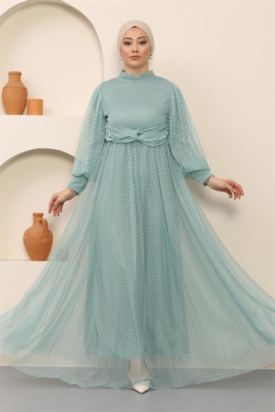 İnci Detaylı Tül Abiye Mint 12238