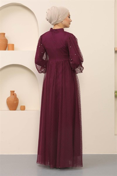 İnci Detaylı Tül Abiye Mürdüm 12238