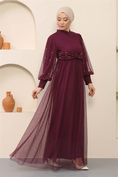 İnci Detaylı Tül Abiye Mürdüm 12238