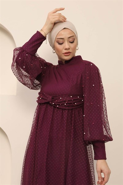 İnci Detaylı Tül Abiye Mürdüm 12238