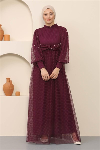 İnci Detaylı Tül Abiye Mürdüm 12238