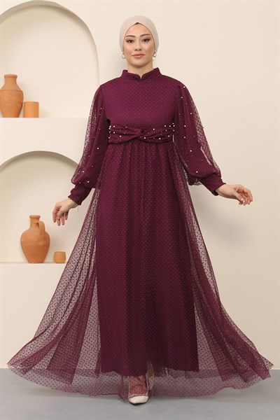 İnci Detaylı Tül Abiye Mürdüm 12238