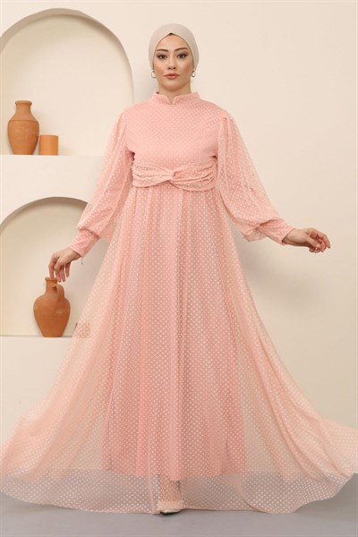 İnci Detaylı Tül Abiye Pudra 12238