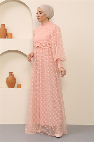 İnci Detaylı Tül Abiye Pudra 12238