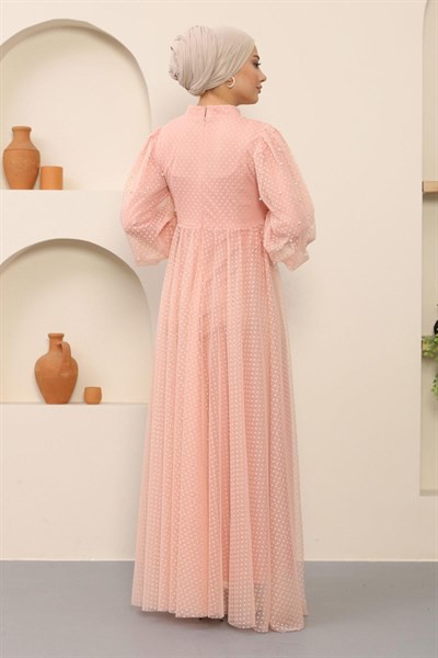 İnci Detaylı Tül Abiye Pudra 12238