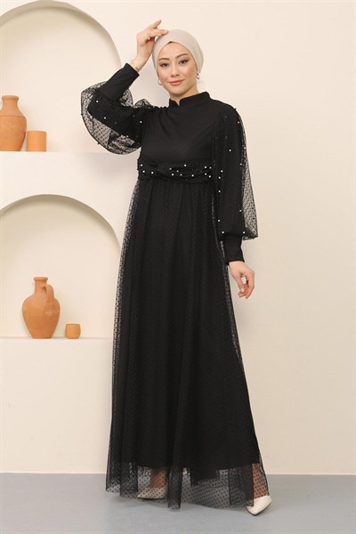 İnci Detaylı Tül Abiye Siyah 12238