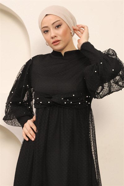 İnci Detaylı Tül Abiye Siyah 12238