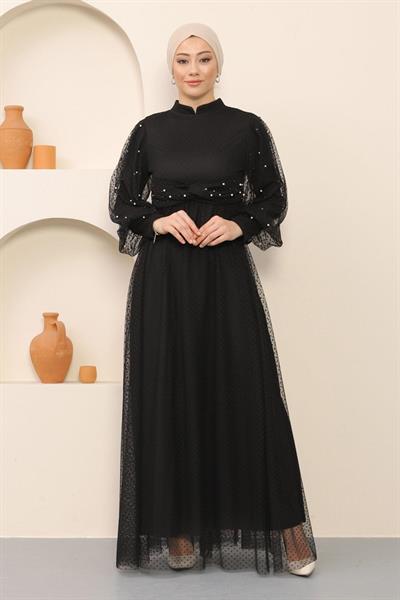 İnci Detaylı Tül Abiye Siyah MSW12238-1