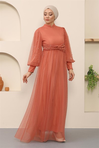 İnci Detaylı Tül Abiye Somon 12238