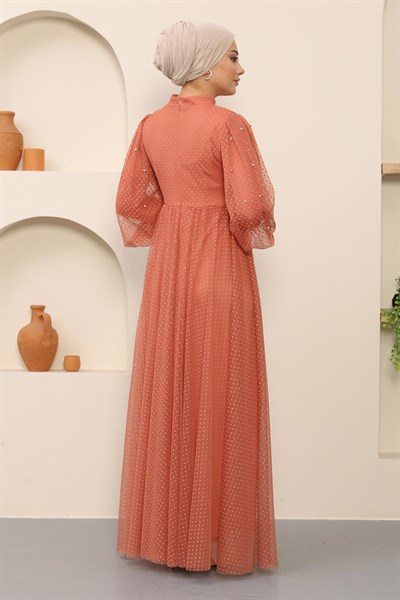 İnci Detaylı Tül Abiye Somon 12238