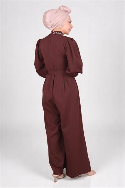 İnci Detaylı Tulum Elbise Kahverengi MSW19152-5