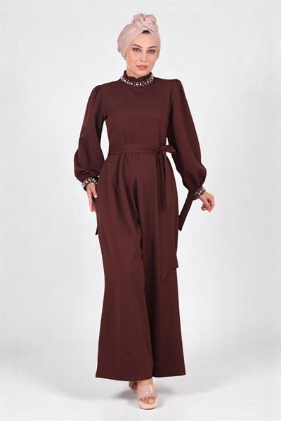 İnci Detaylı Tulum Elbise Kahverengi MSW19152-5