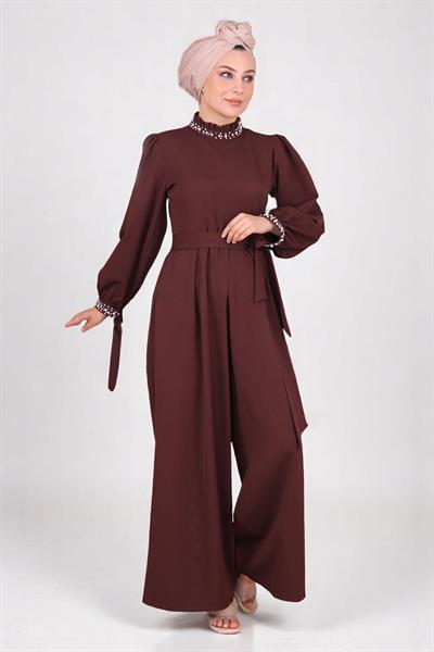 İnci Detaylı Tulum Elbise Kahverengi MSW19152-5