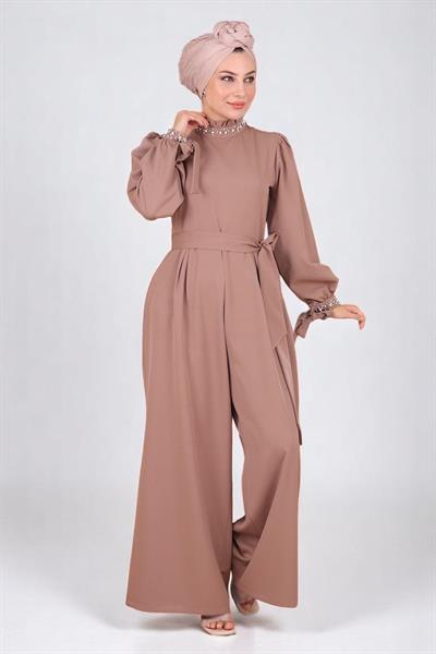 İnci Detaylı Tulum Elbise Vizon MSW19152-3