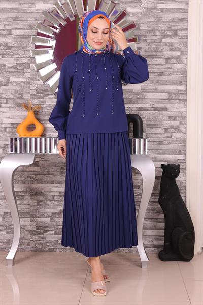 İnci Ve Taş Detaylı Takım İndigo 19135