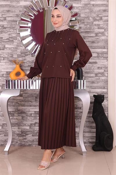 İnci Ve Taş Detaylı Takım Kahverengi 19135