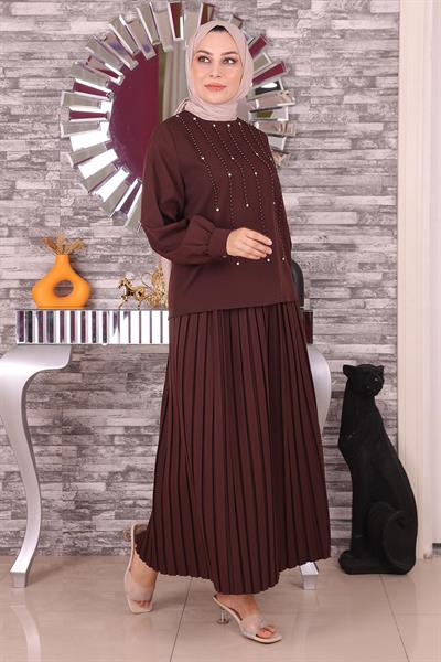 İnci Ve Taş Detaylı Takım Kahverengi 19135