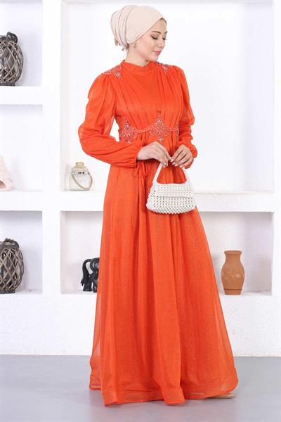 İncili Dantelli Simli Abiye Kiremit 12252