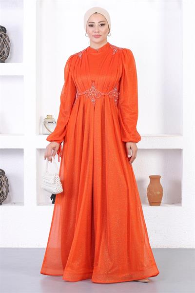 İncili Dantelli Simli Abiye Kiremit 12252