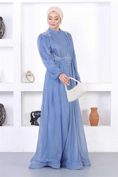 İncili Dantelli Simli Abiye Mavi 12252