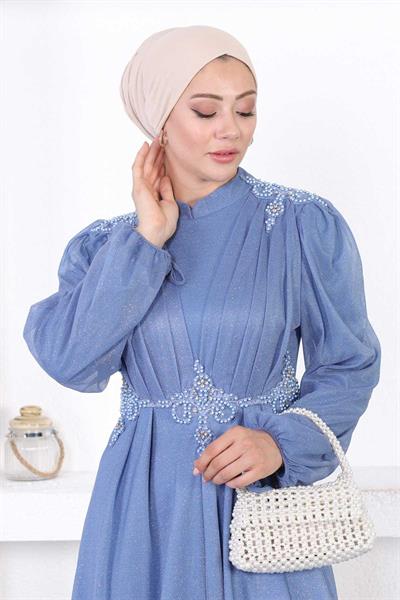 İncili Dantelli Simli Abiye Mavi 12252