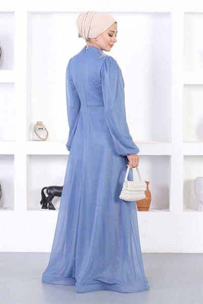 İncili Dantelli Simli Abiye Mavi 12252