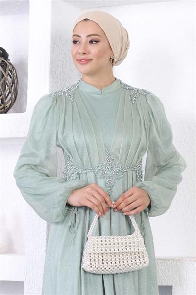 İncili Dantelli Simli Abiye Mint 12252