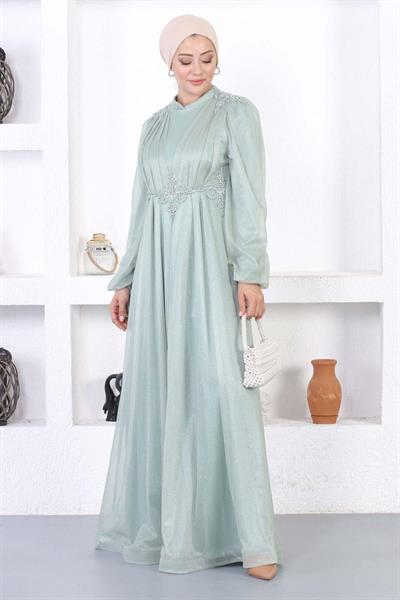 İncili Dantelli Simli Abiye Mint 12252