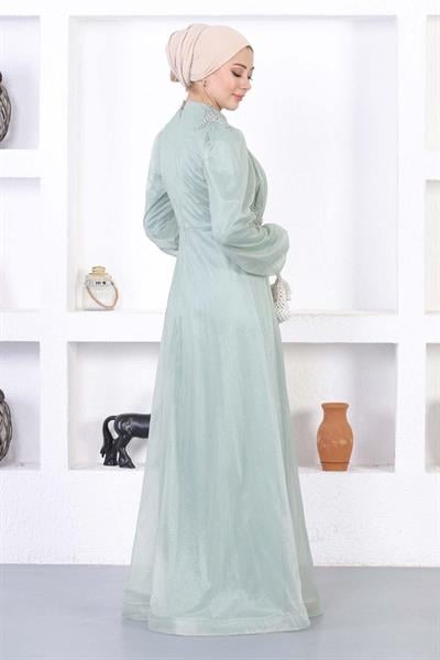 İncili Dantelli Simli Abiye Mint 12252