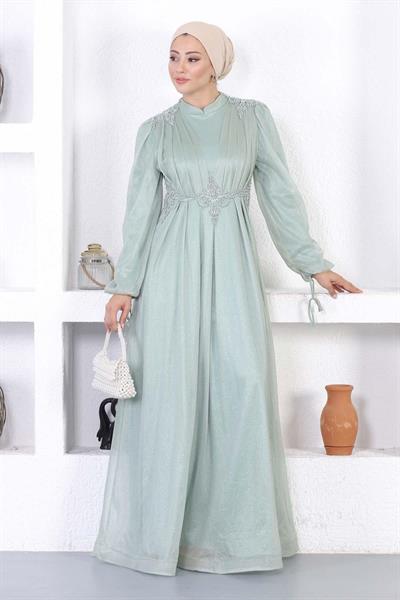 İncili Dantelli Simli Abiye Mint 12252