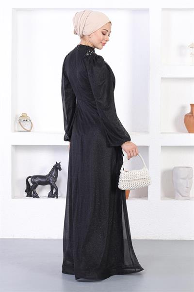 İncili Dantelli Simli Abiye Siyah 12252