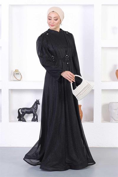 İncili Dantelli Simli Abiye Siyah 12252