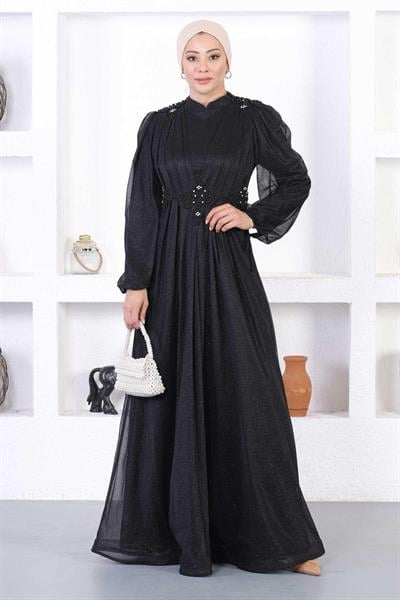 İncili Dantelli Simli Abiye Siyah 12252
