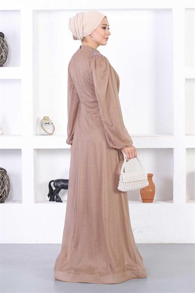 İncili Dantelli Simli Abiye Vizon 12252