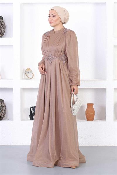 İncili Dantelli Simli Abiye Vizon 12252