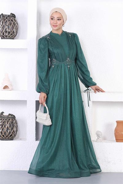 İncili Dantelli Simli Abiye Zümrüt 12252