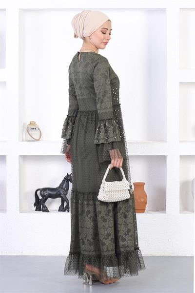 İncili Dantelli Volan Kol Abiye Haki 12213