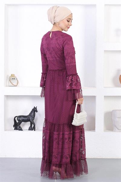 İncili Dantelli Volan Kol Abiye Mürdüm 12213