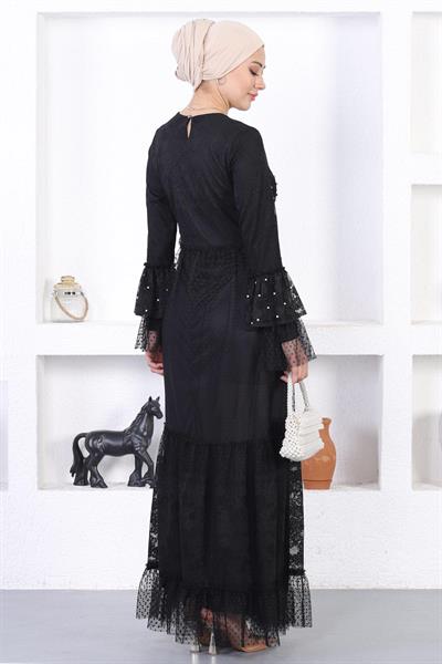 İncili Dantelli Volan Kol Abiye Siyah 12213